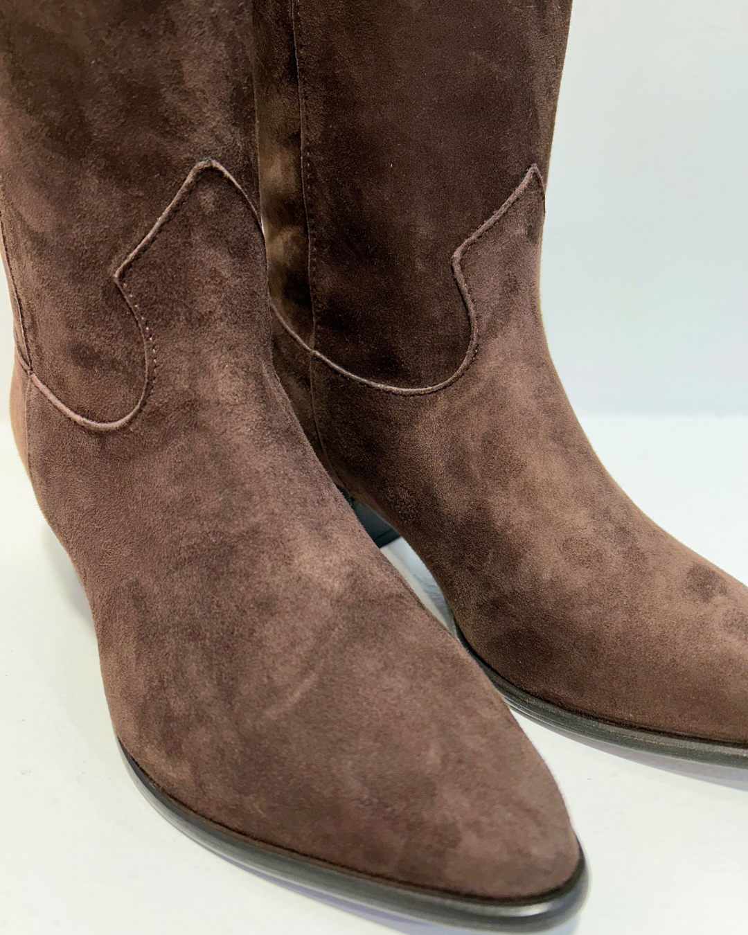 Chocolate brown suede mid length pull on cowboy style boots