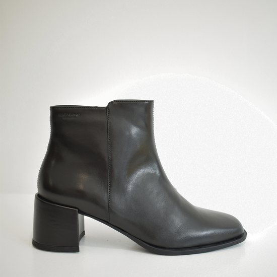 Black ankle boot with leather wrapped block heel and zip fastening