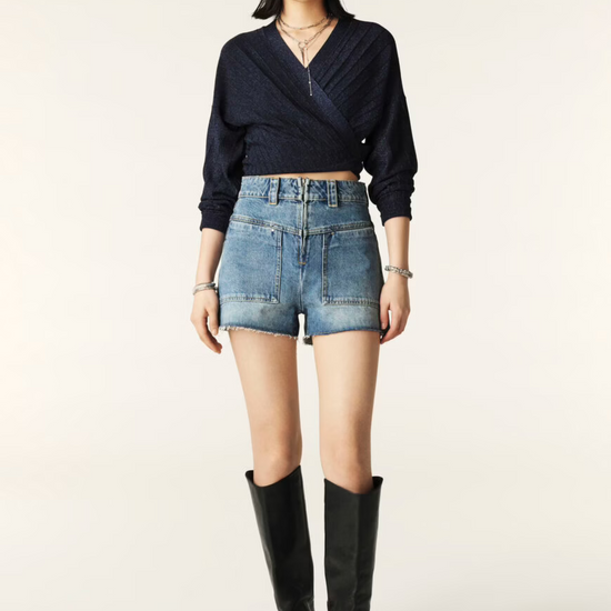 Navy cropped wrap and tie long sleeved cardigan with shimmer fibre throughout