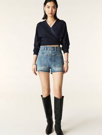 Navy cropped wrap and tie long sleeved cardigan with shimmer fibre throughout