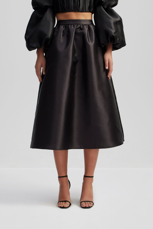 Black sheen gathered structured midi skirt