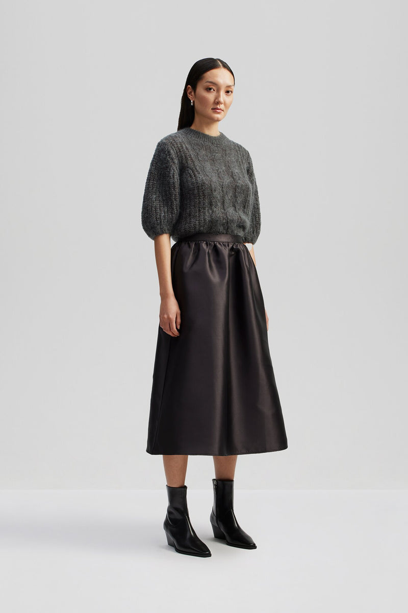 Black sheen gathered structured midi skirt