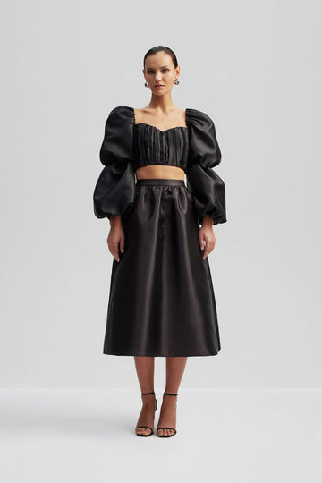 Black sheen gathered structured midi skirt