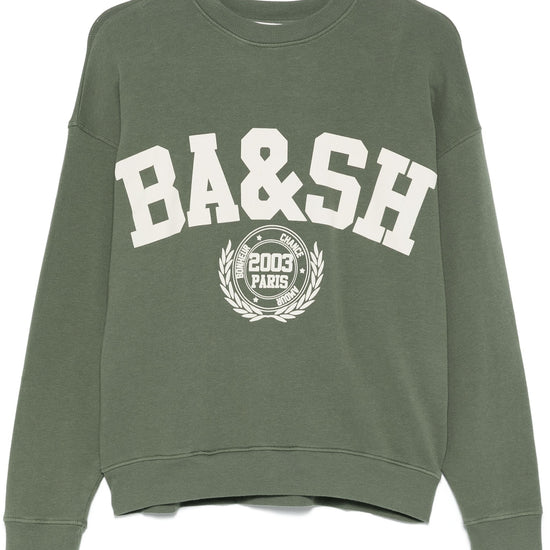 Khaki green sweatshirt with white branded varsity style brand