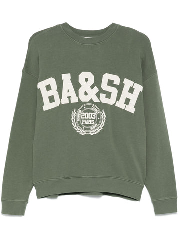 Khaki green sweatshirt with white branded varsity style brand