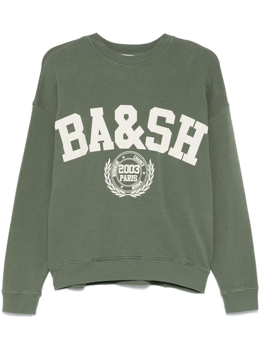 Khaki green sweatshirt with white branded varsity style brand