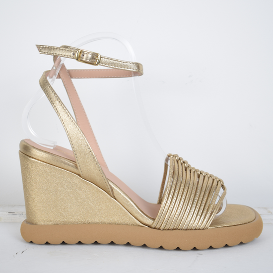 Rose gold strappy wedges with moulded sole