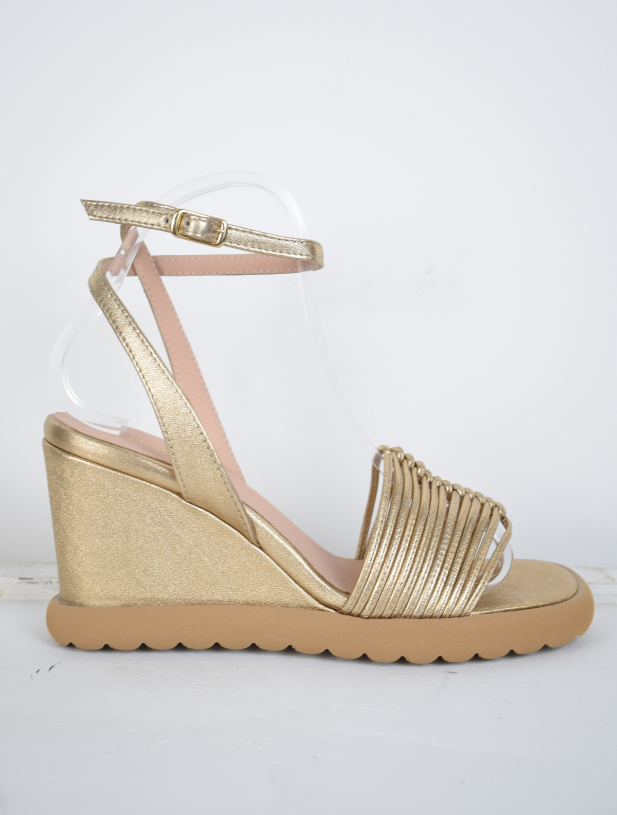Rose gold strappy wedges with moulded sole