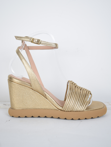 Rose gold strappy wedges with moulded sole