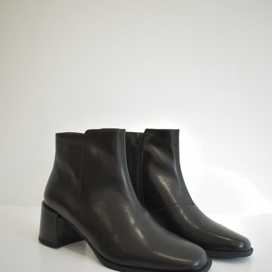 Black ankle boot with leather wrapped block heel and zip fastening