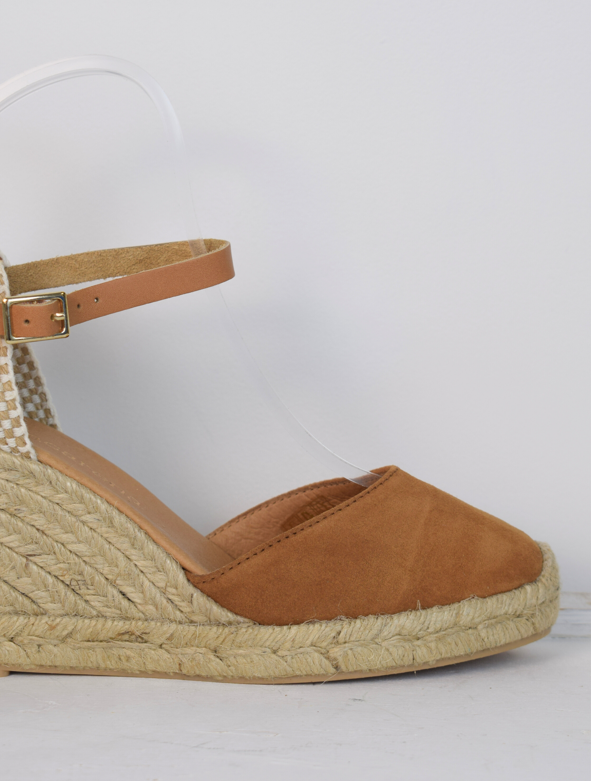 tan coloured wedge sandal with closed toe