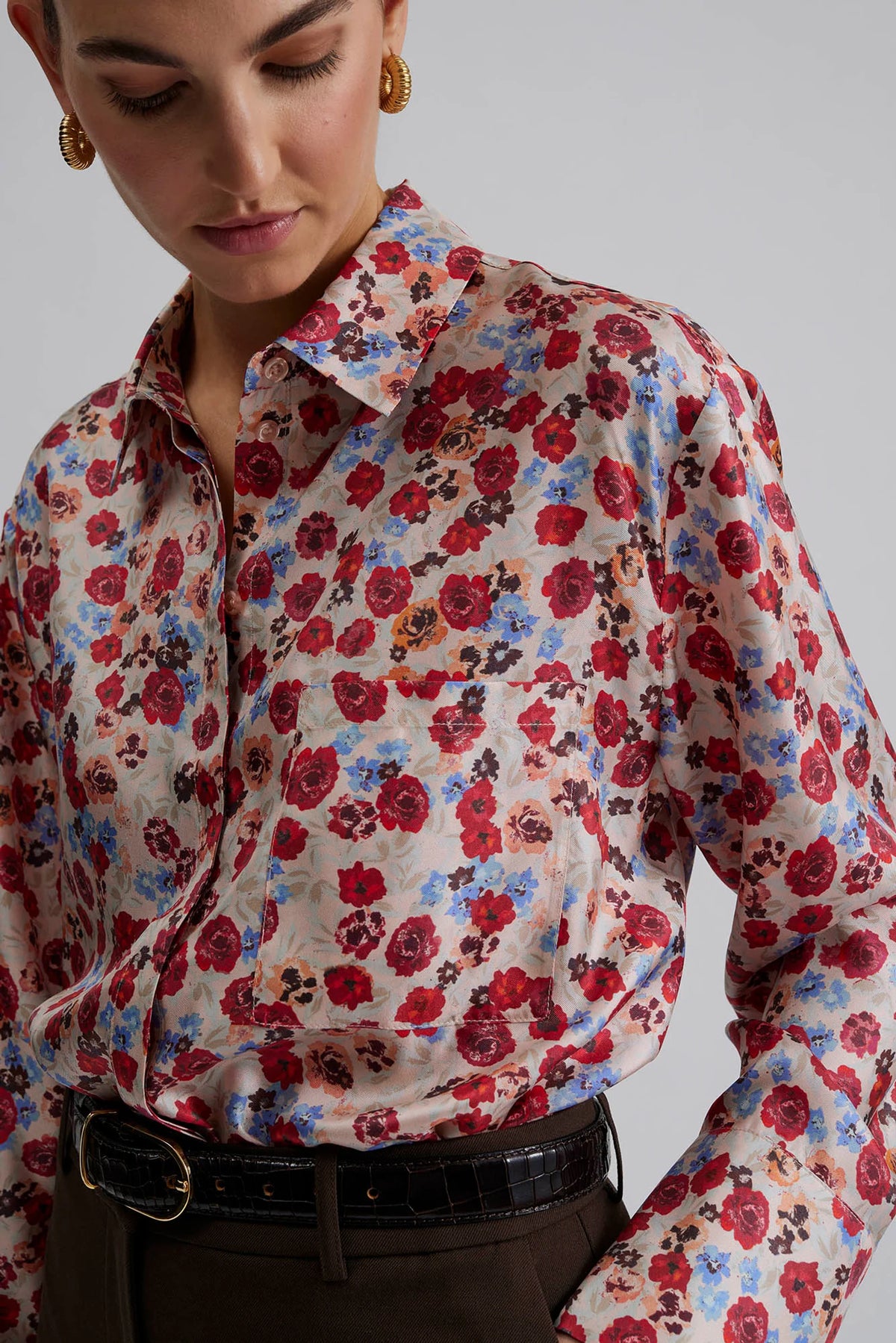 100% silk long sleeve floral print shirt