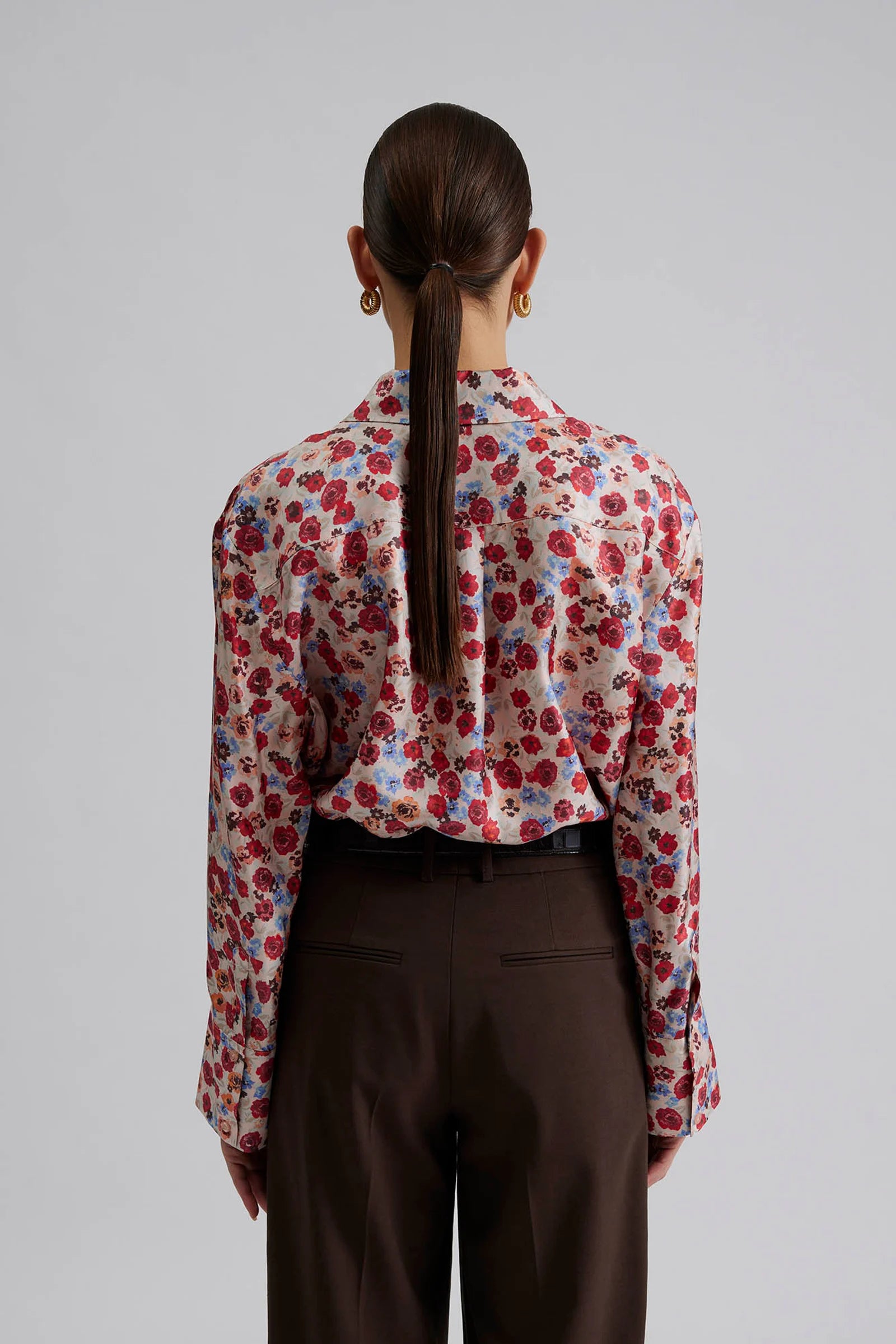 100% silk long sleeve floral print shirt rear view