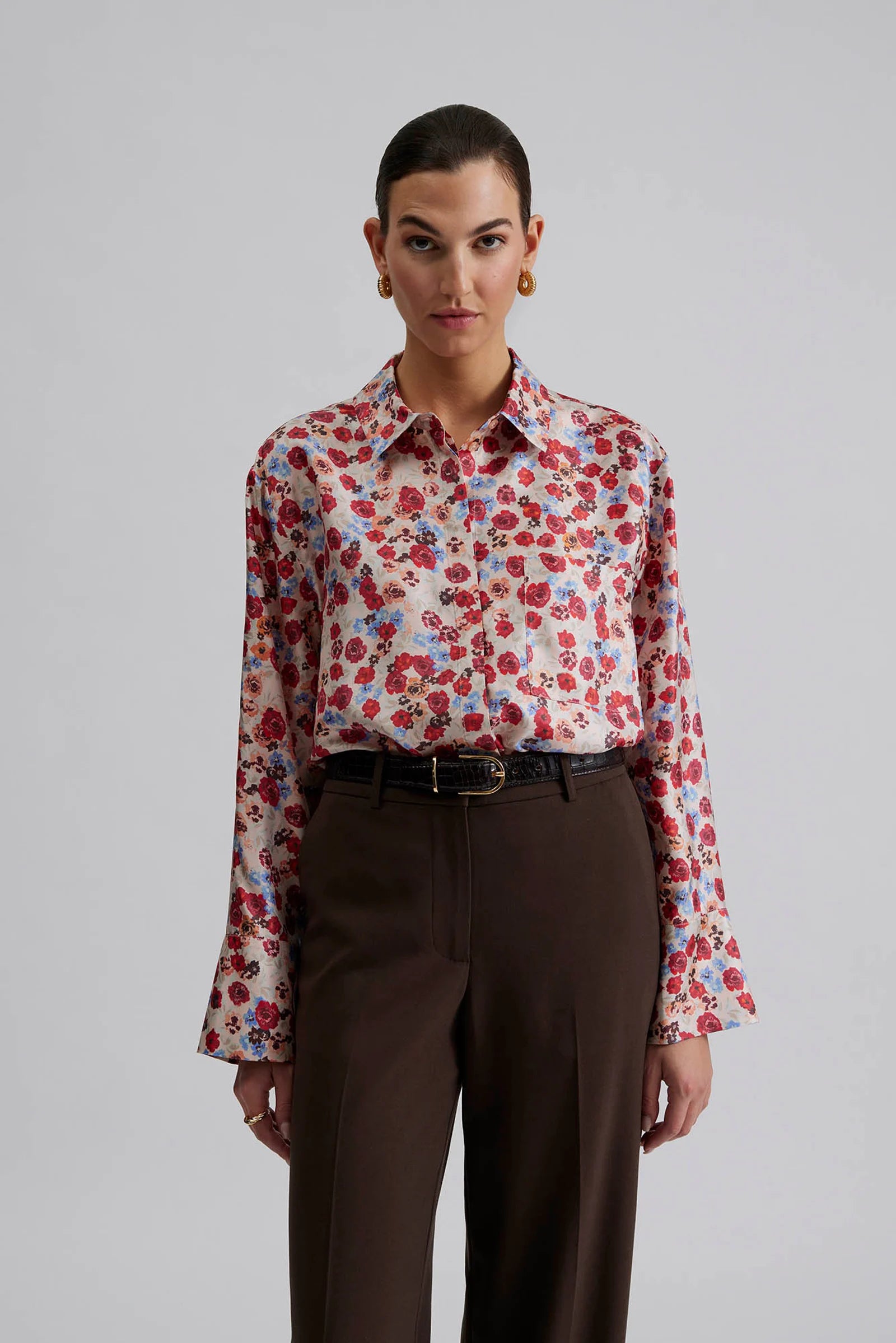 100% silk long sleeve floral print shirt model shirt