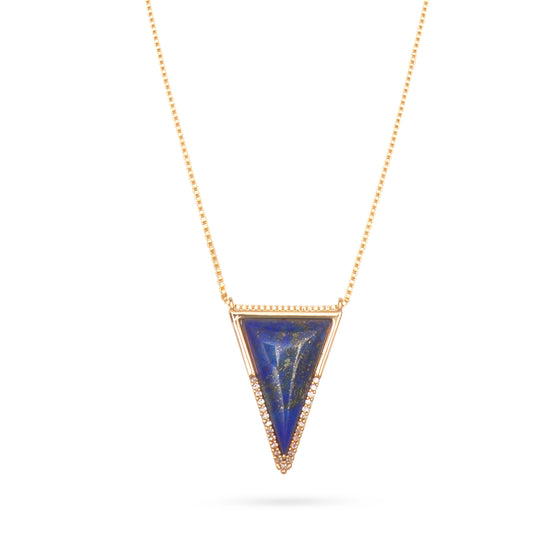 Lapis pendant traingle necklace with cubic zirconia details on a gold plated chain necklace