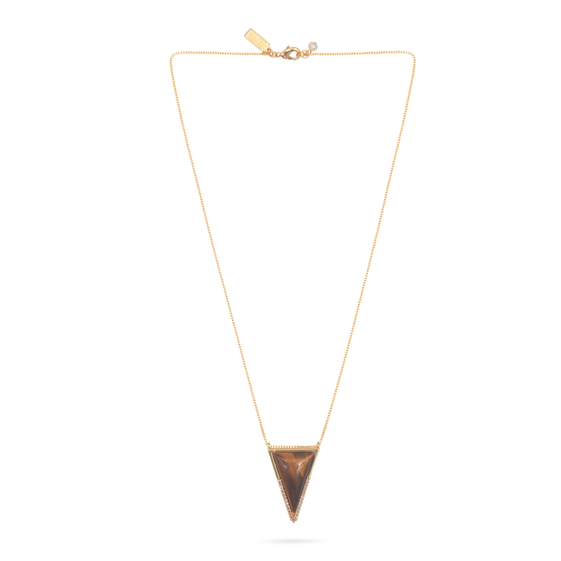 Full pic of tigers eye drop necklace on gold plated chain