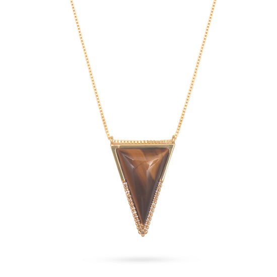 Tiger eye traingle drop pendant necklace with cubic zirconia details