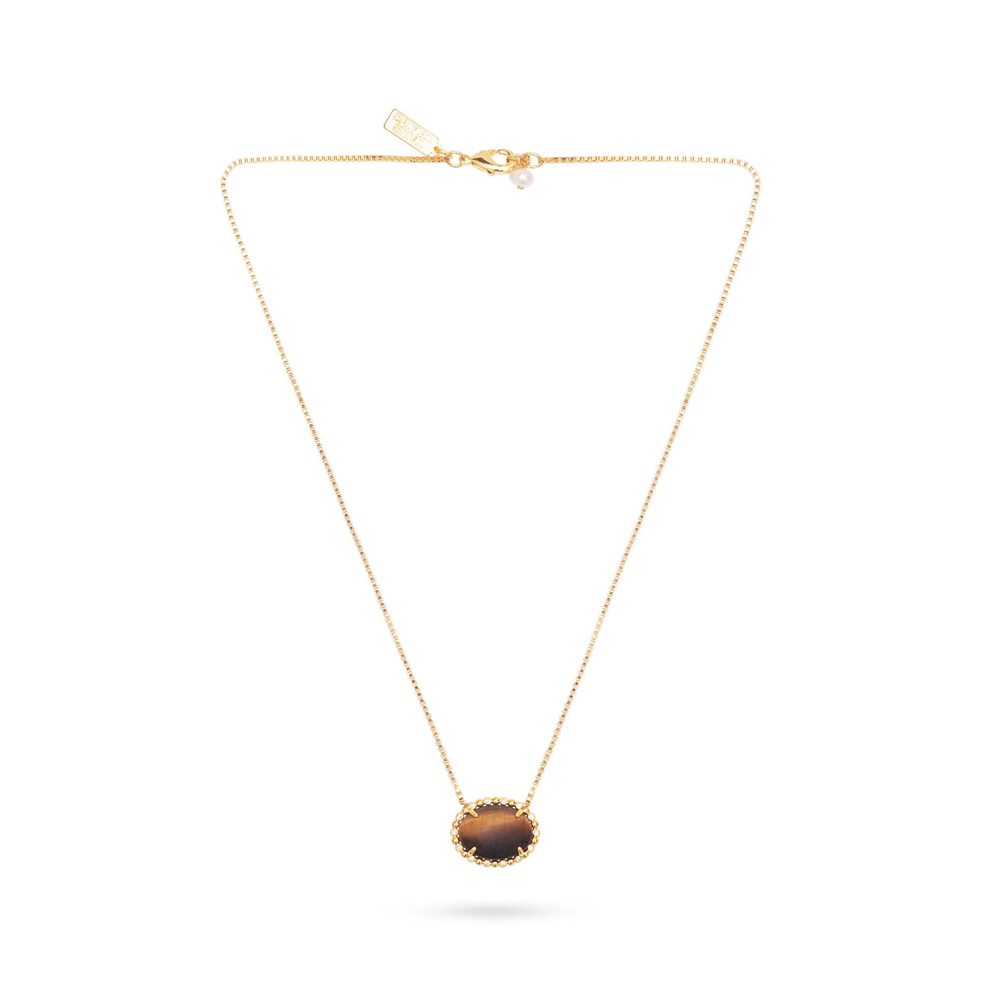 Gold plated necklace with tigers eye button charm