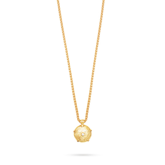 Gold plated long necklace with pendant charm featuring cubic zirconia