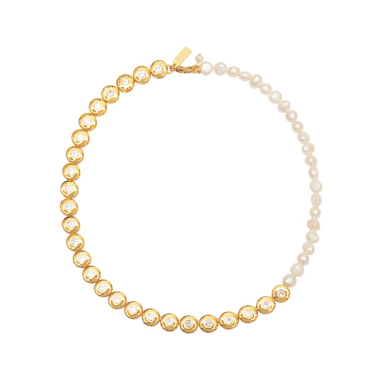 18k gold plated cubic zirconia necklace with fresh water pearl detail