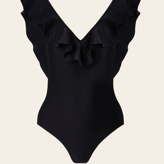 Black ruffle V neck and V backline swimsuit