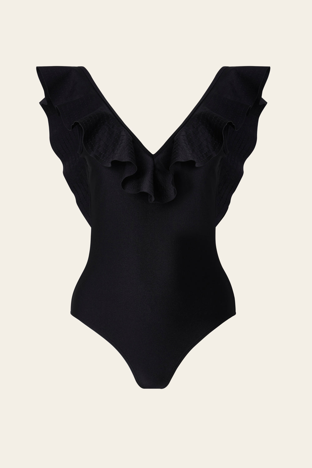 Black ruffle V neck and V backline swimsuit