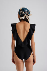 Black ruffle V neck and V backline swimsuit