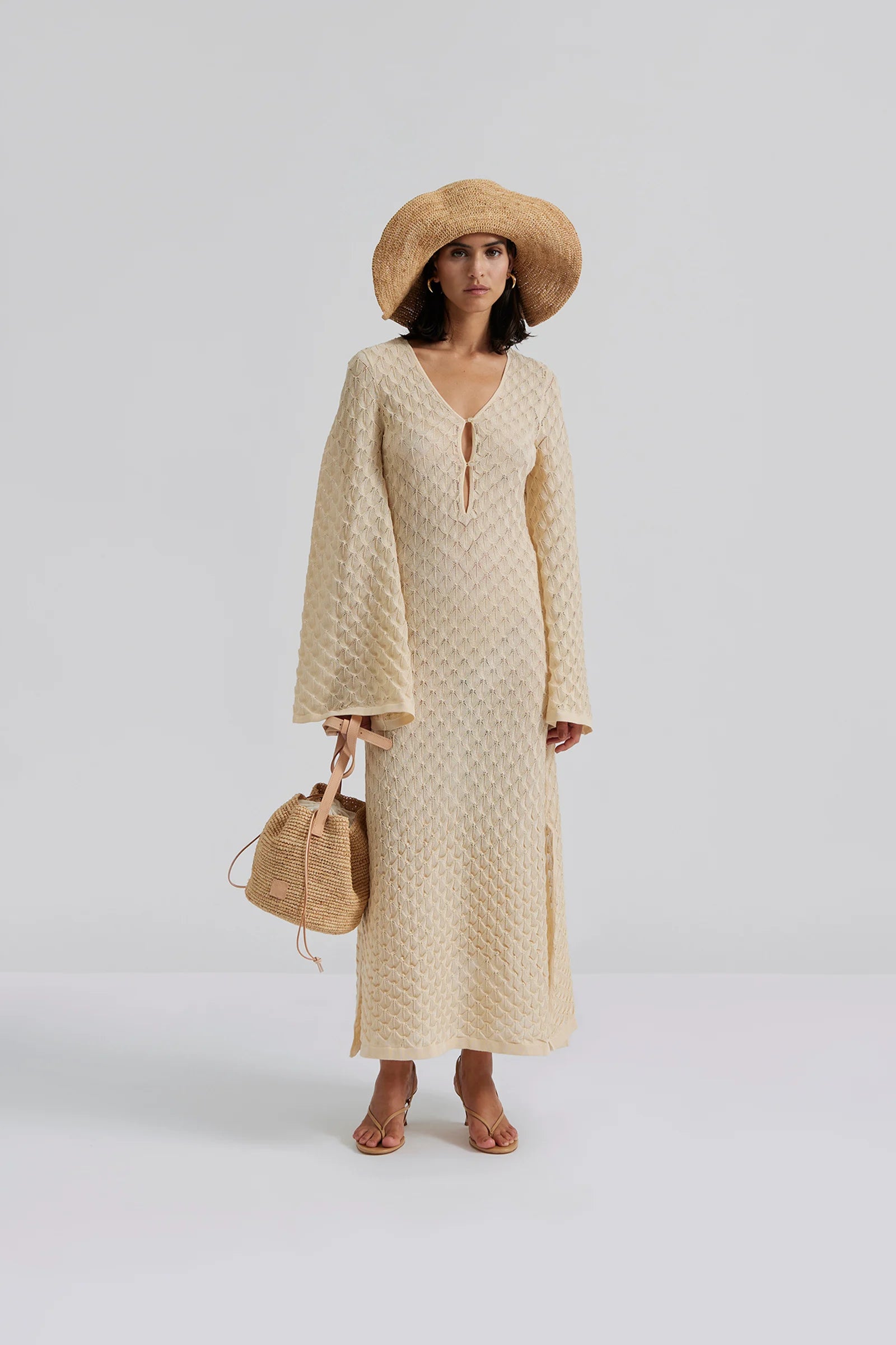 Knitted Maxi style kaftan with long flutted sleeves and a V neck