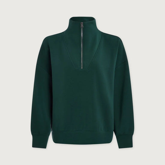 A dark forest green long-sleeve quarter-zip sweatshirt with a mock neck collar, displayed on a light gray background.