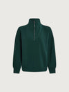 A dark forest green long-sleeve quarter-zip sweatshirt with a mock neck collar, displayed on a light gray background.