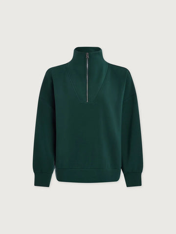 A dark forest green long-sleeve quarter-zip sweatshirt with a mock neck collar, displayed on a light gray background.