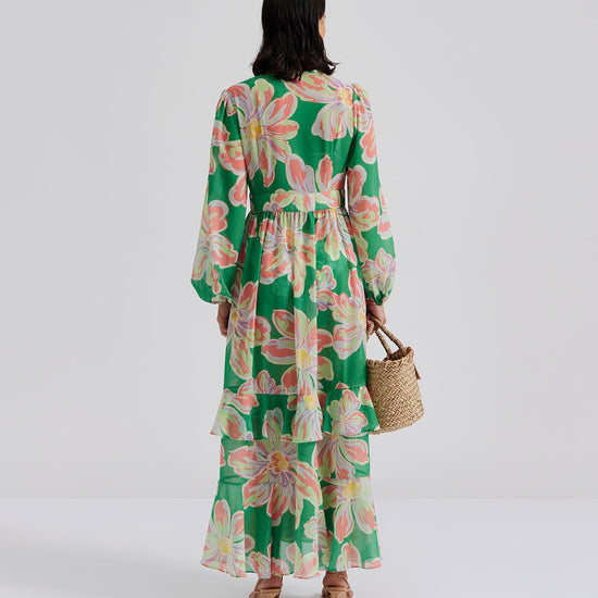 Green and soft pastel floral printed beach cover-up wiht long sleeves tie waist and ruffle details with V neckline