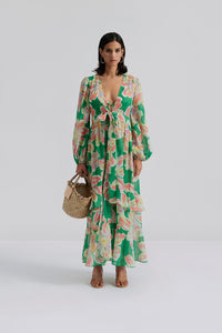 Green and soft pastel floral printed beach cover-up wiht long sleeves tie waist and ruffle details with V neckline