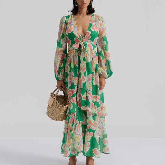 Green and soft pastel floral printed beach cover-up wiht long sleeves tie waist and ruffle details with V neckline