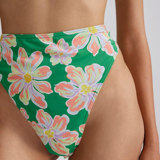 Green and floral print high rise bikini bottoms