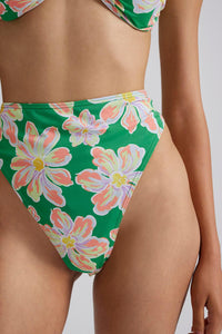 Green and floral print high rise bikini bottoms