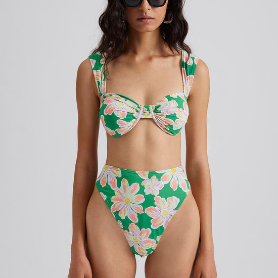 Green and floral print high rise bikini bottoms