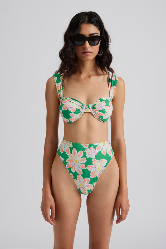 Green and floral print high rise bikini bottoms