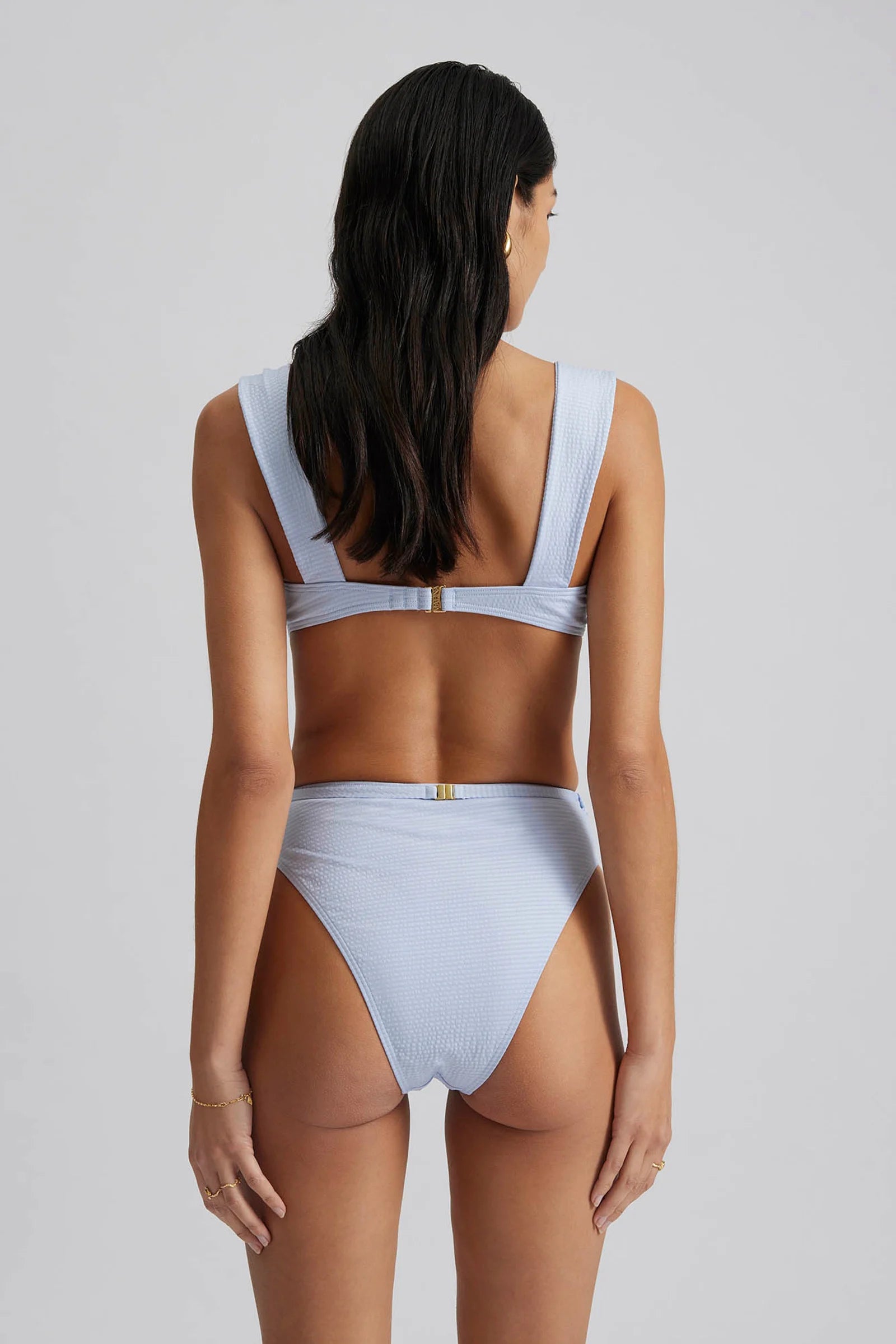 High rise baby blue bikini bottoms with fabric belt