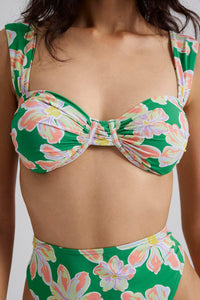 Green and floral print underwired bikini top with wide straps and a clip fasetening