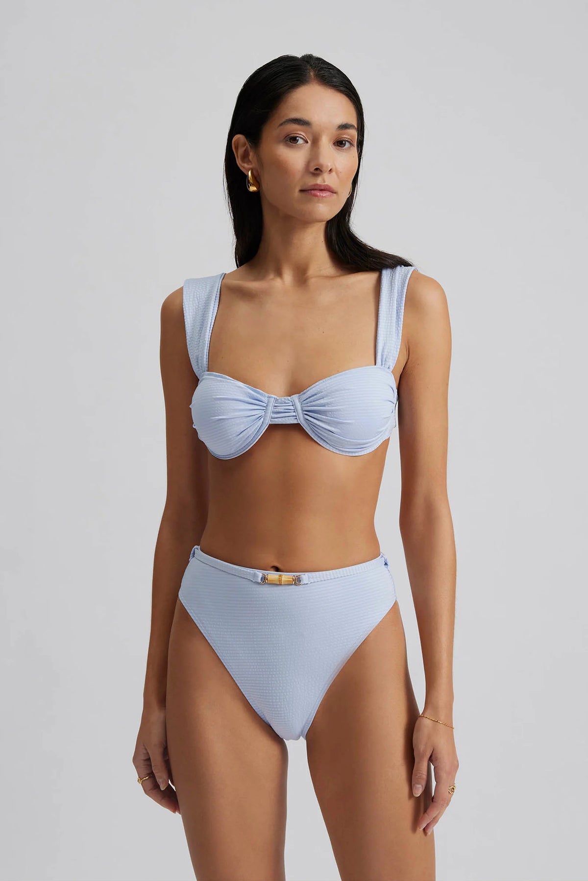 Baby blue textured fabric bikini top with under wire and wide straps
