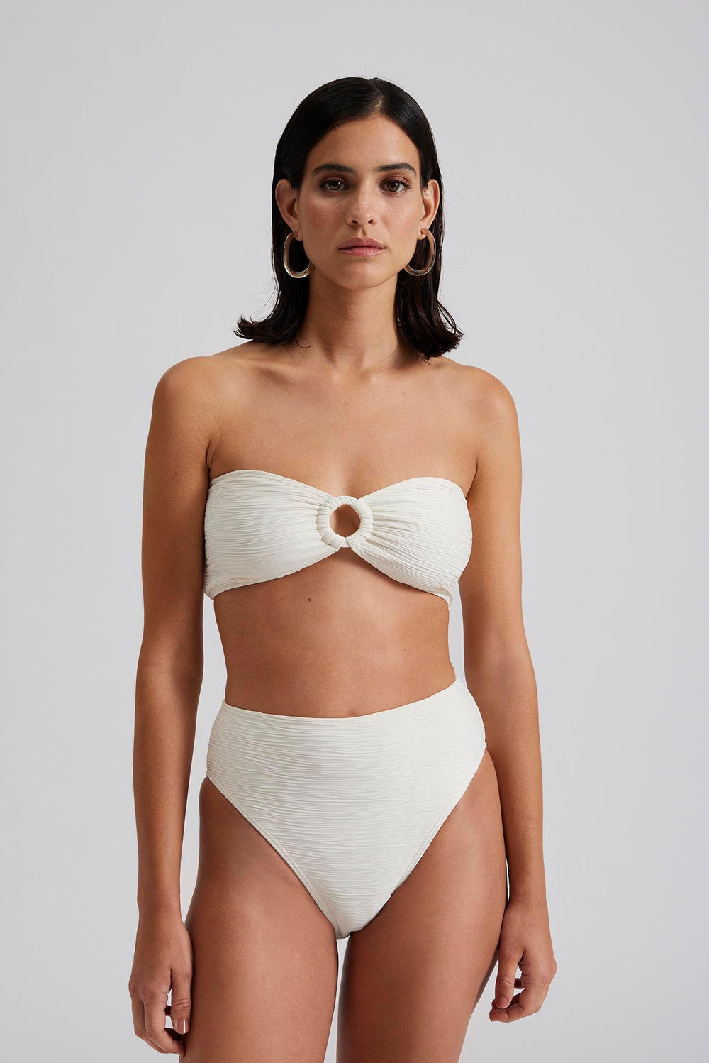 Ecru textured fabric high waisted bikini bottoms