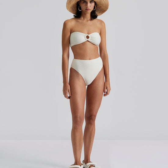 Ecru textured fabric high waisted bikini bottoms