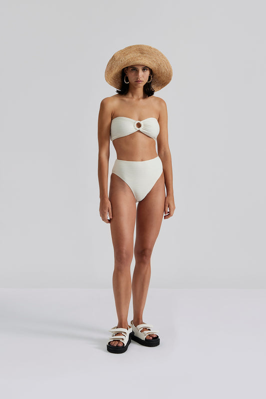 Ecru textured fabric high waisted bikini bottoms