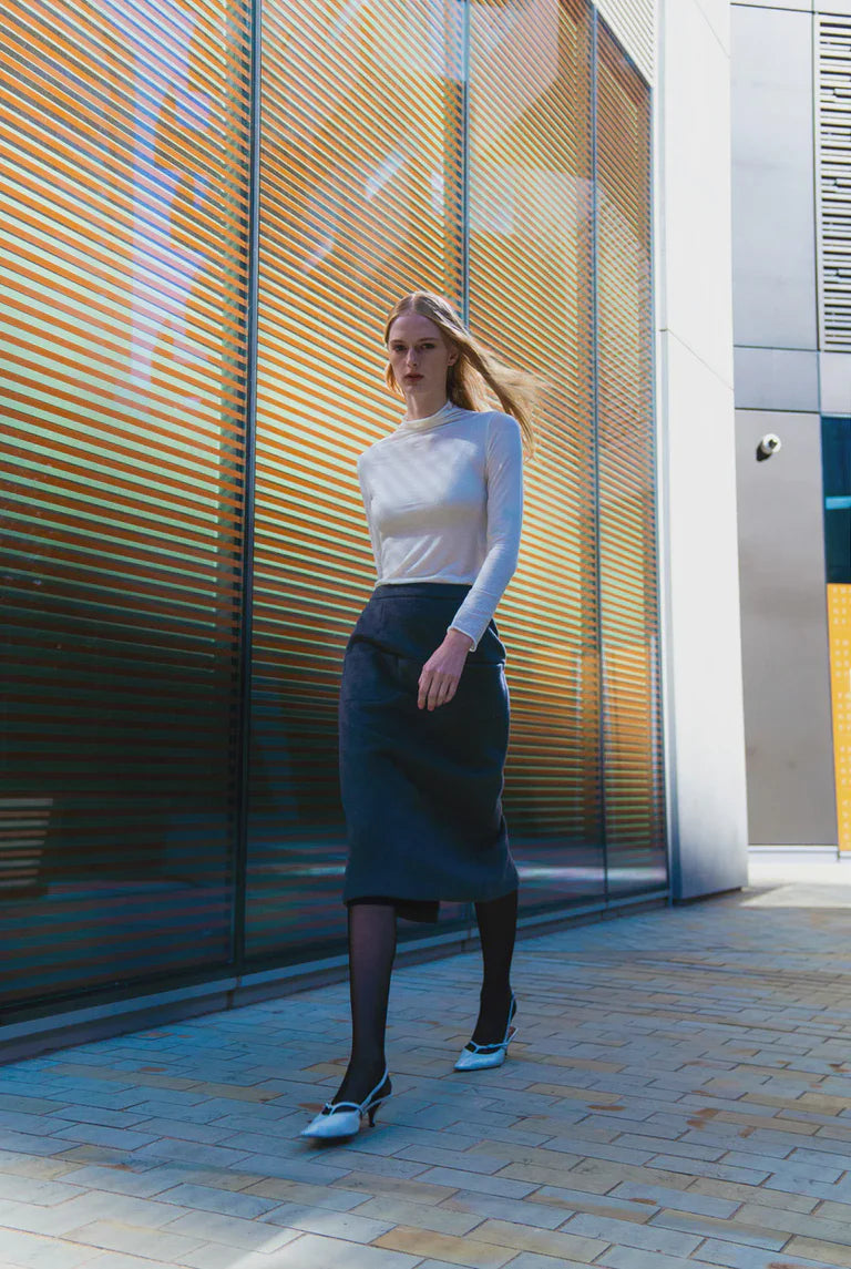 super soft long sleeve off white top with high round neck model shot
