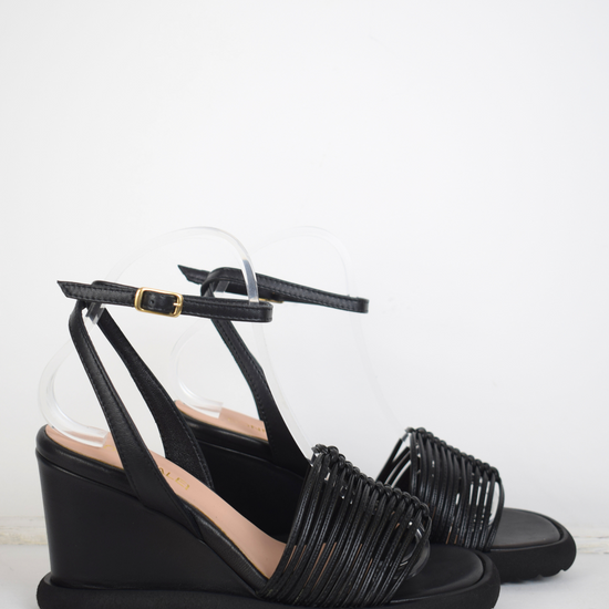 Black strappy wedges with moulded sole