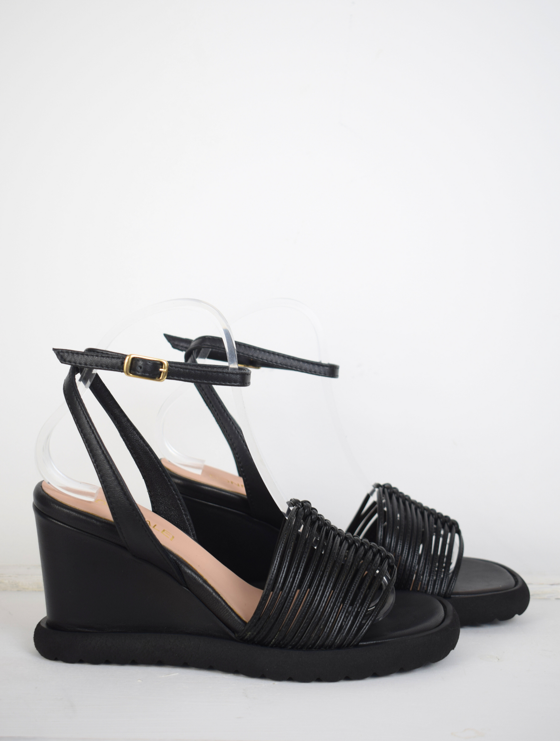 Black strappy wedges with moulded sole