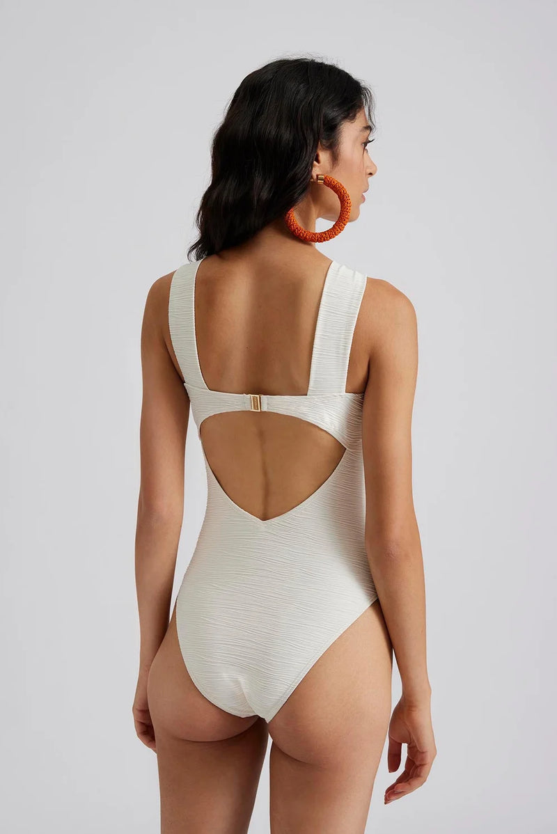 Ecru textured swimming costume with front ring detail and thick V shaped straps