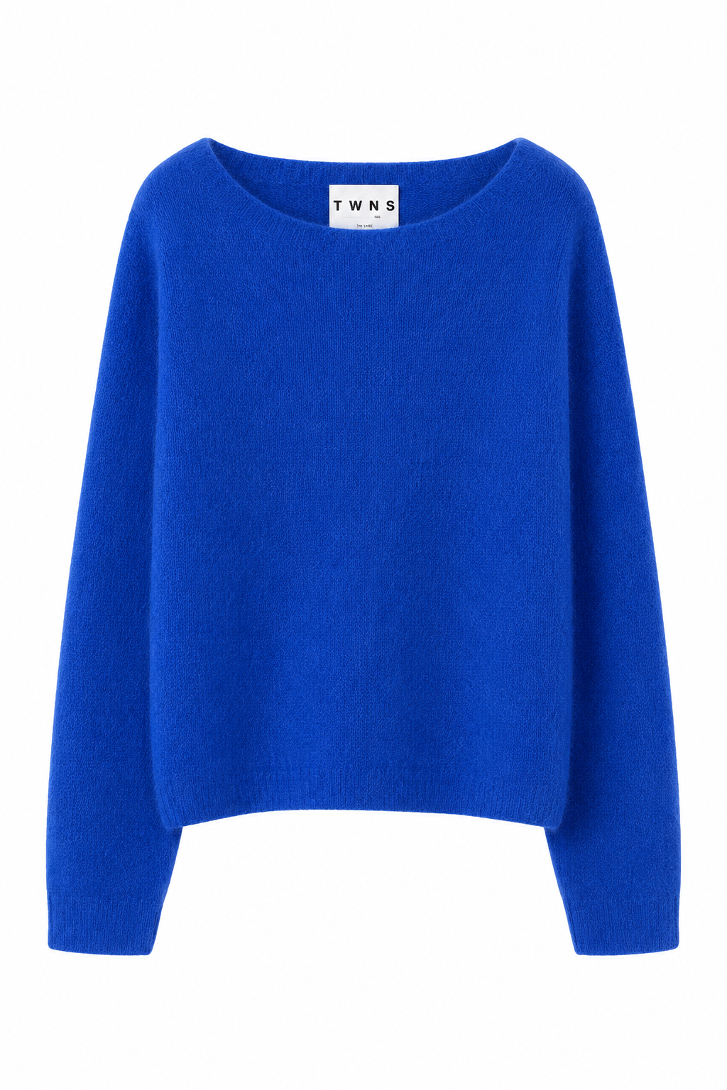 A bright royal blue knit sweater with a wide boat neckline and long sleeves, shown against a plain white background. The brand label 'T W N S' is visible inside the collar.