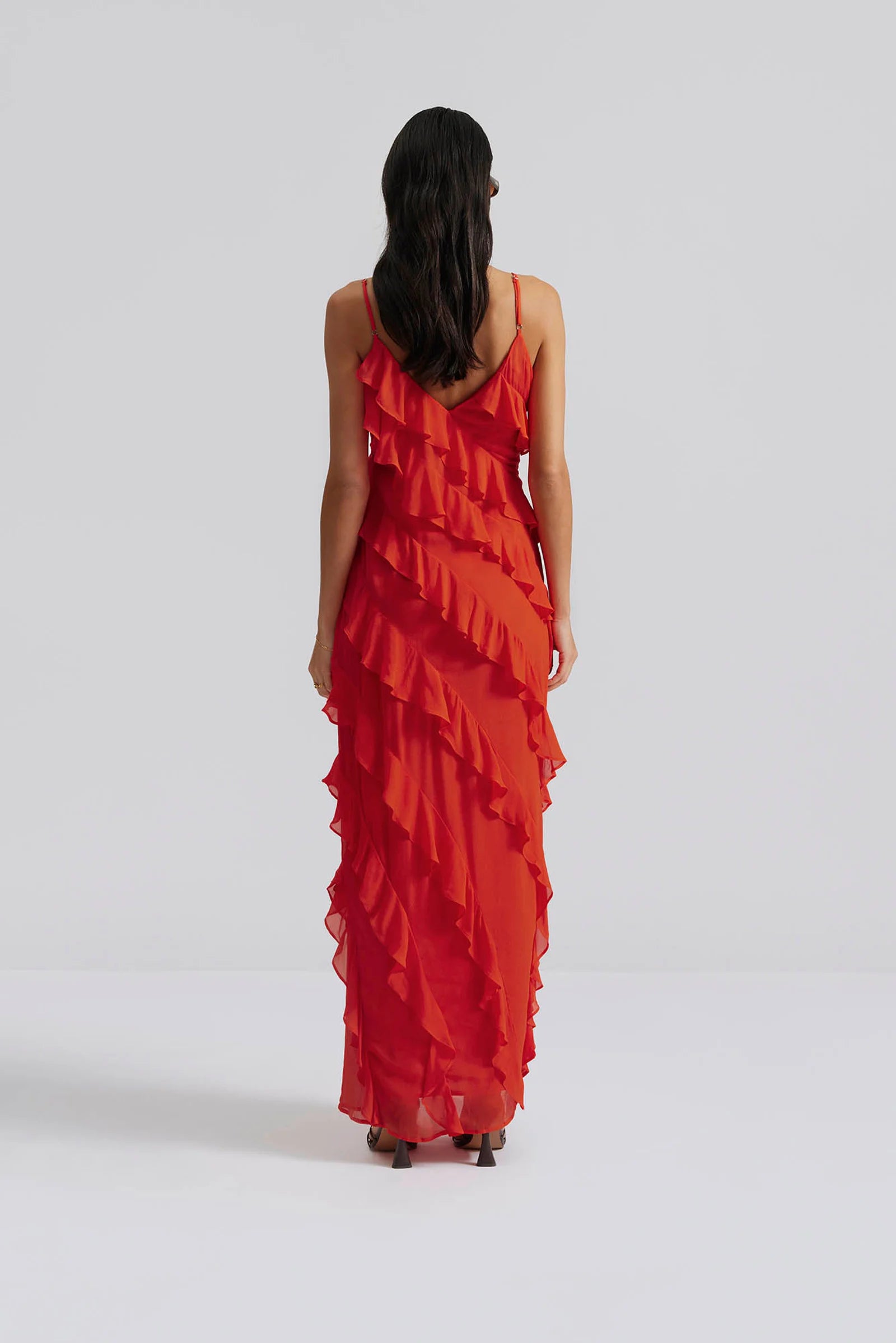 Orangey red diagonal frill strappy dress with V neckline